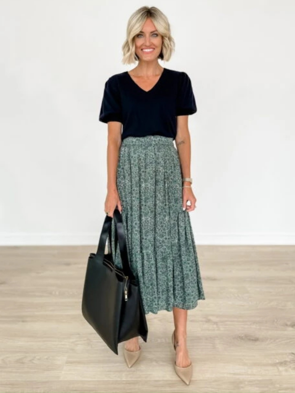 Black Shirt With Green Skirt Look