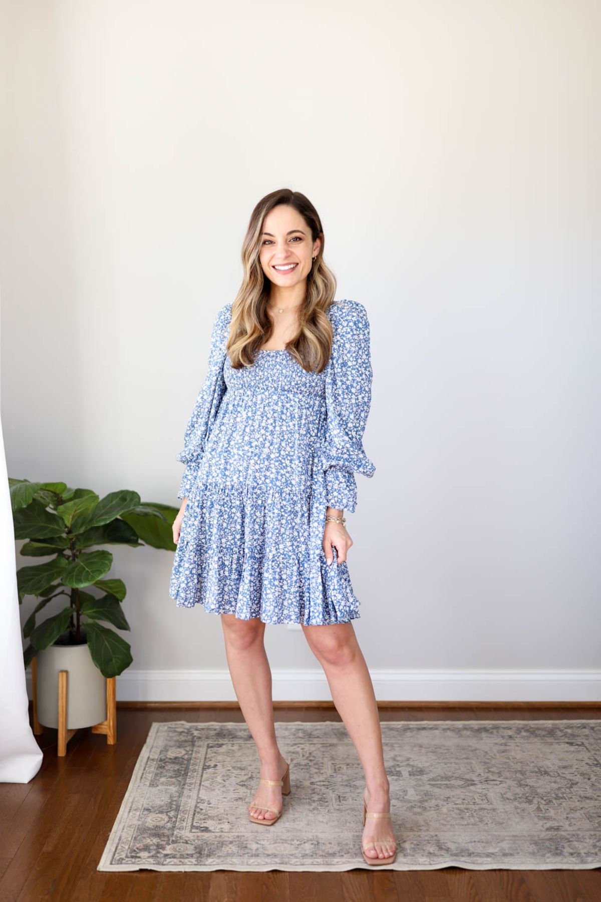 Long Sleeve Blue Floral Dress Outfit