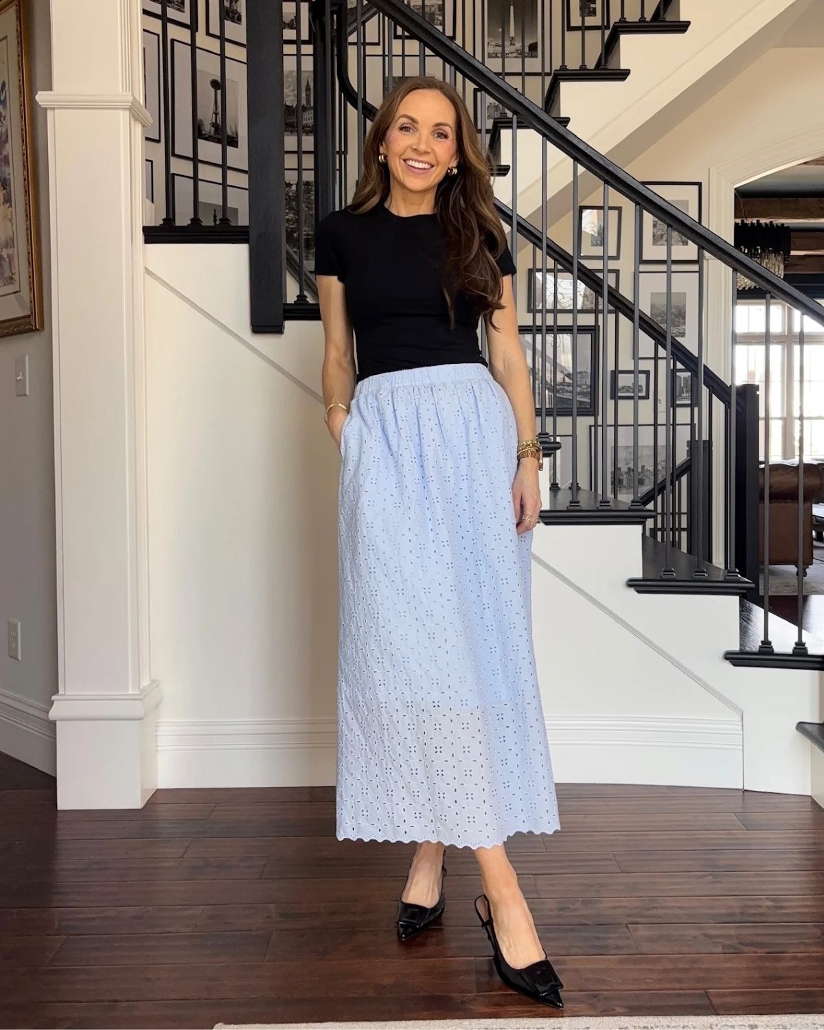 Black Shirt With Blue Skirt Outfit
