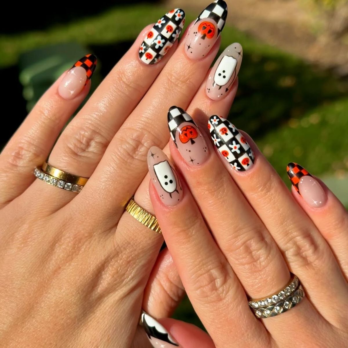 Long Checkered Halloween Nails