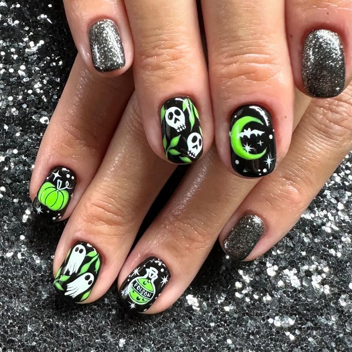 Short Black and Green Nails