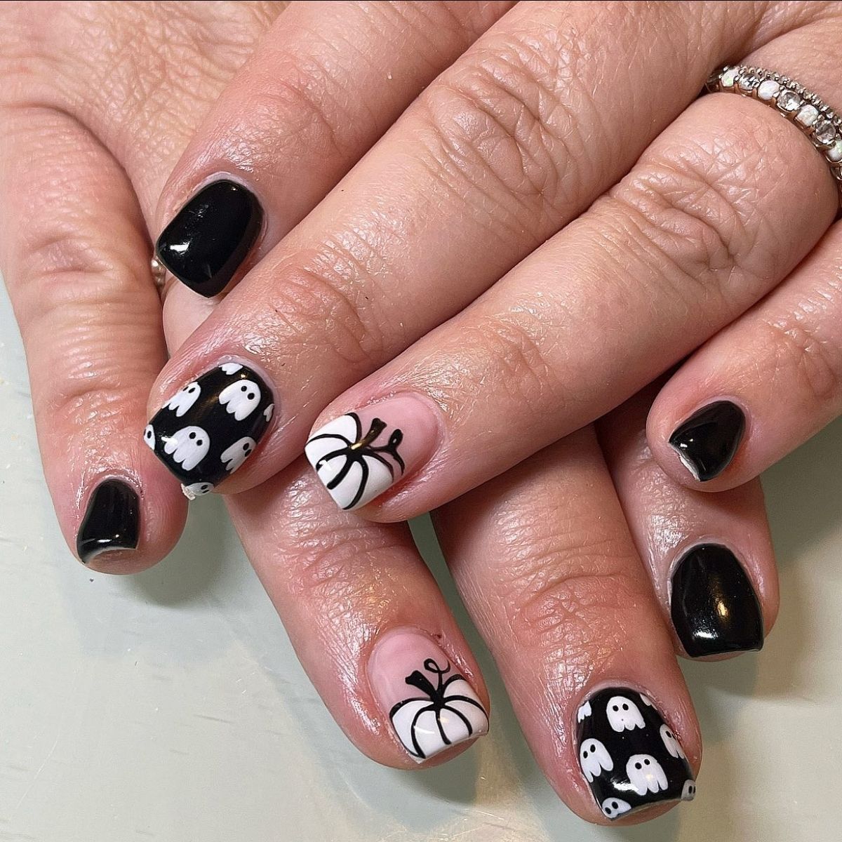 Short Black and White Halloween Nails