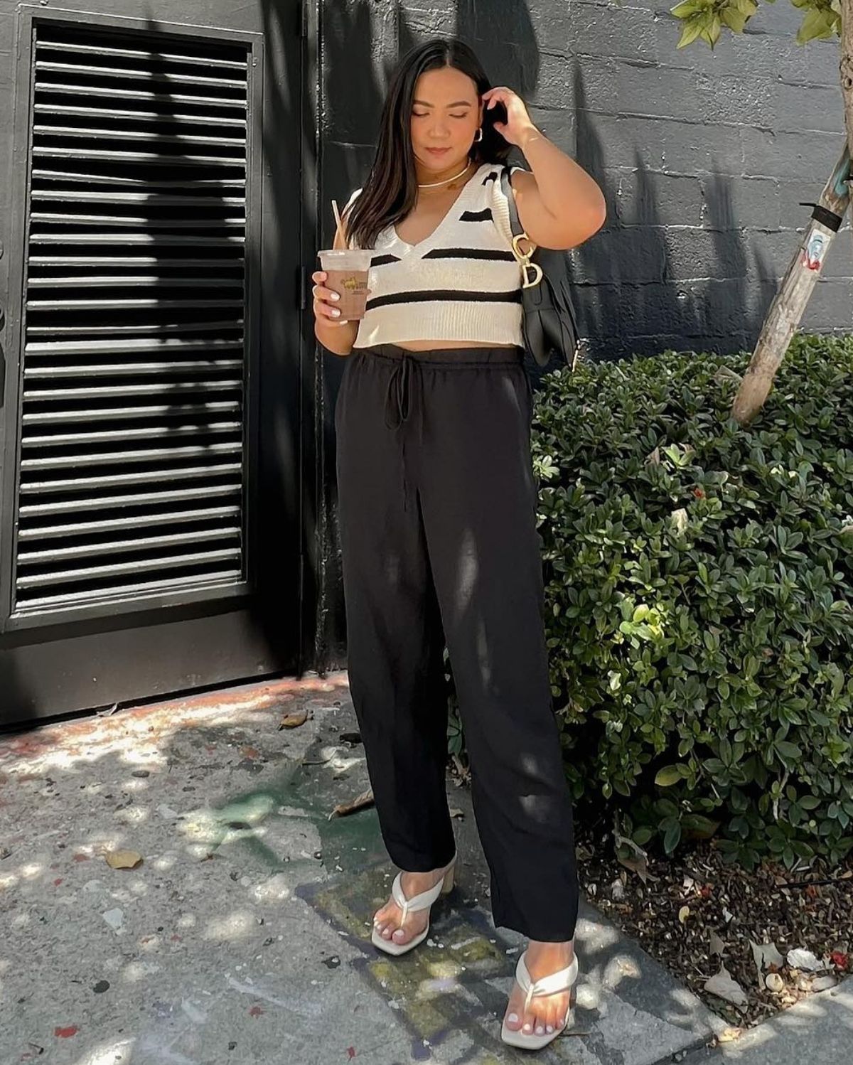 Black Linen Pants With A Striped Top