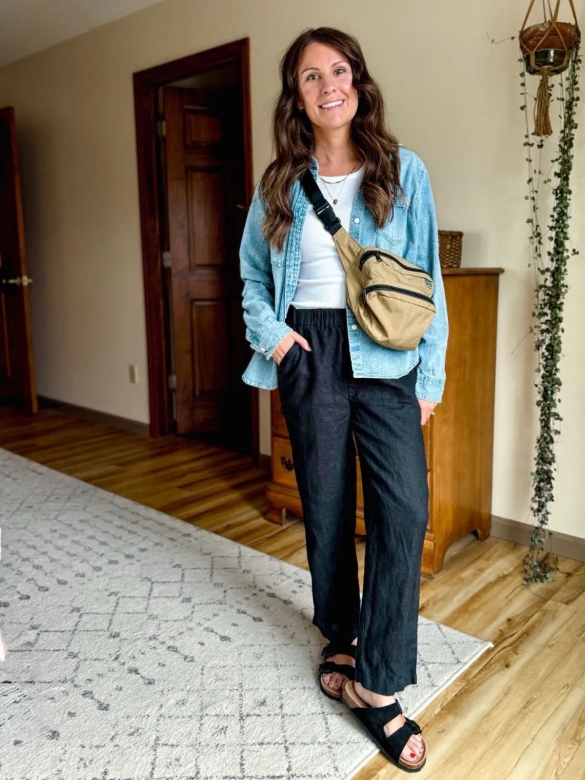 Chambray Tank Top With Black Linen Pants Outfit