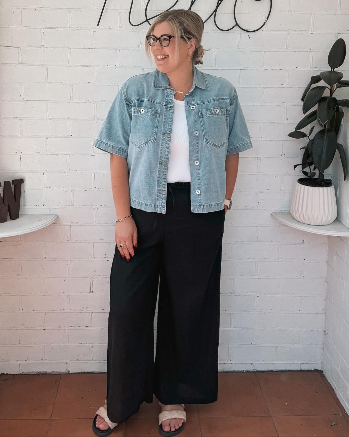 Denim Top With Black Linen Pants Look