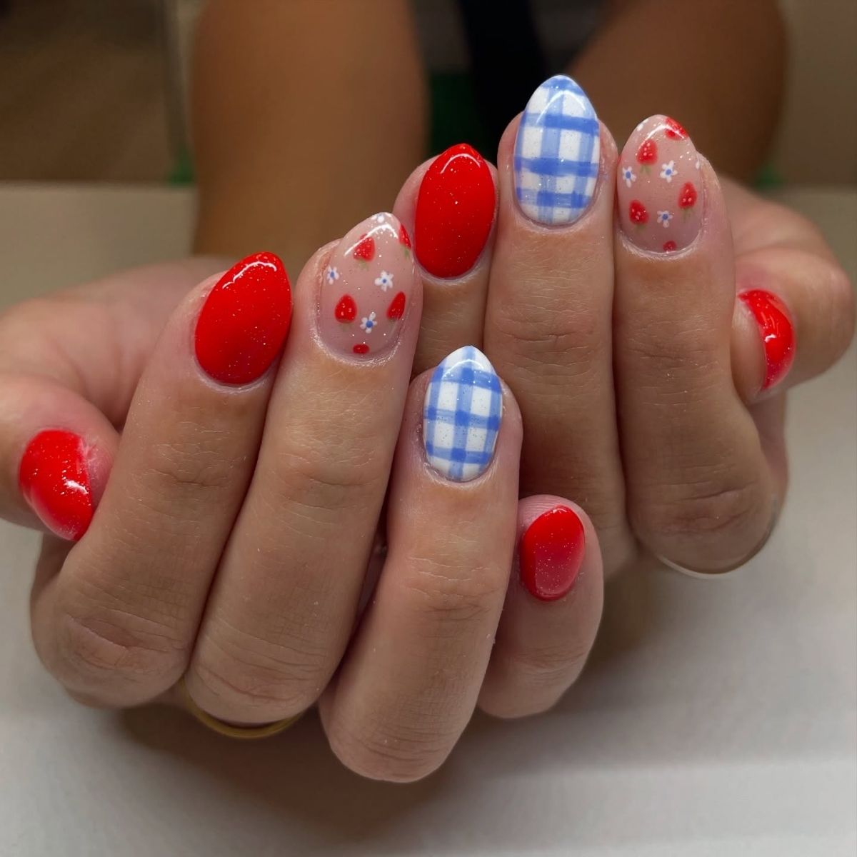 Gingham and Strawberries Nails