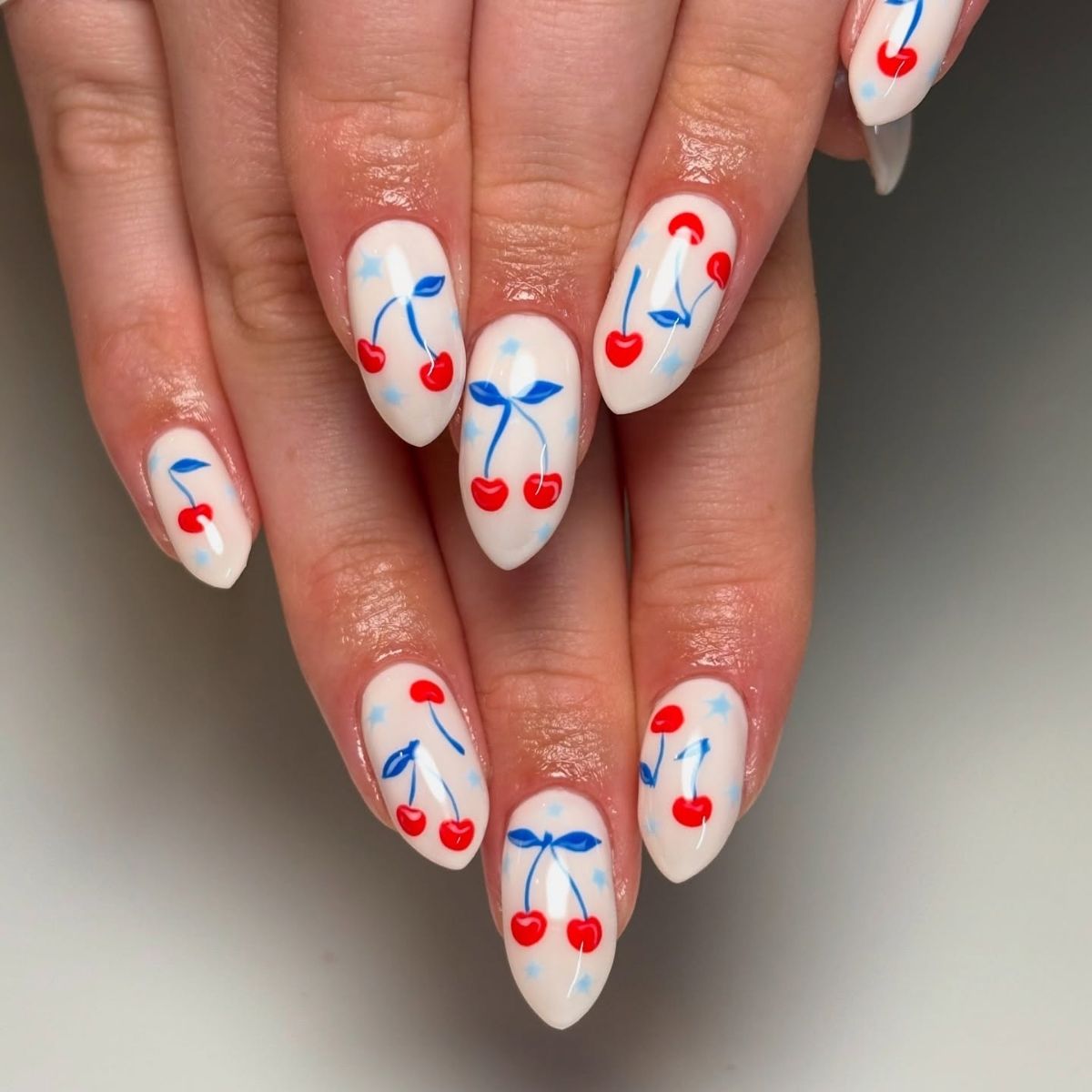 Red, White, and Blue Cherries Nails