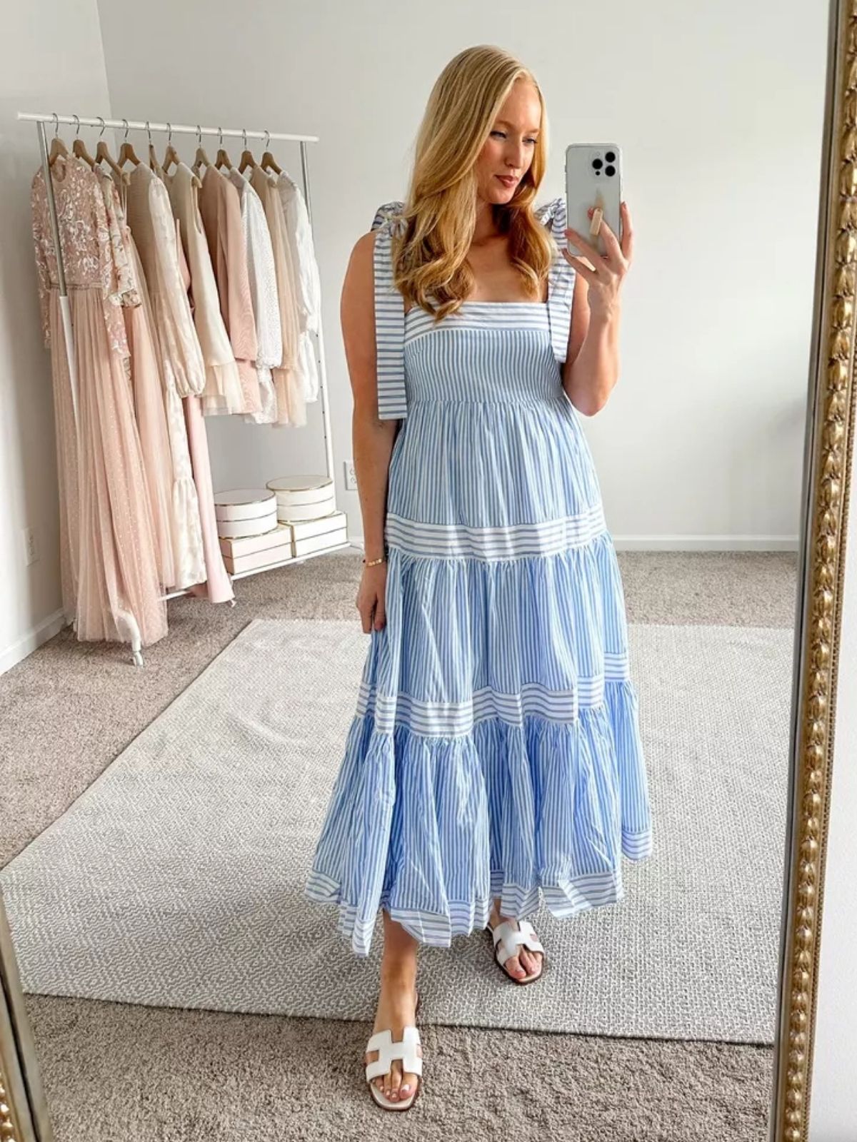 Striped Tie Shoulder Dress Outfit