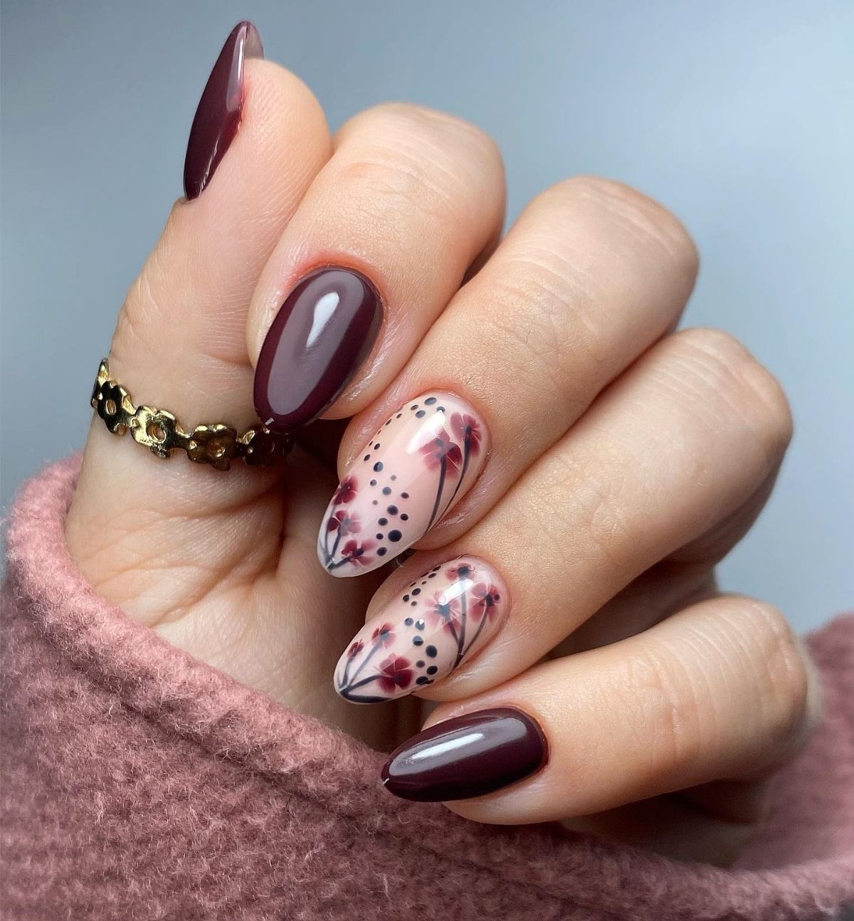 Burgundy Floral Nails