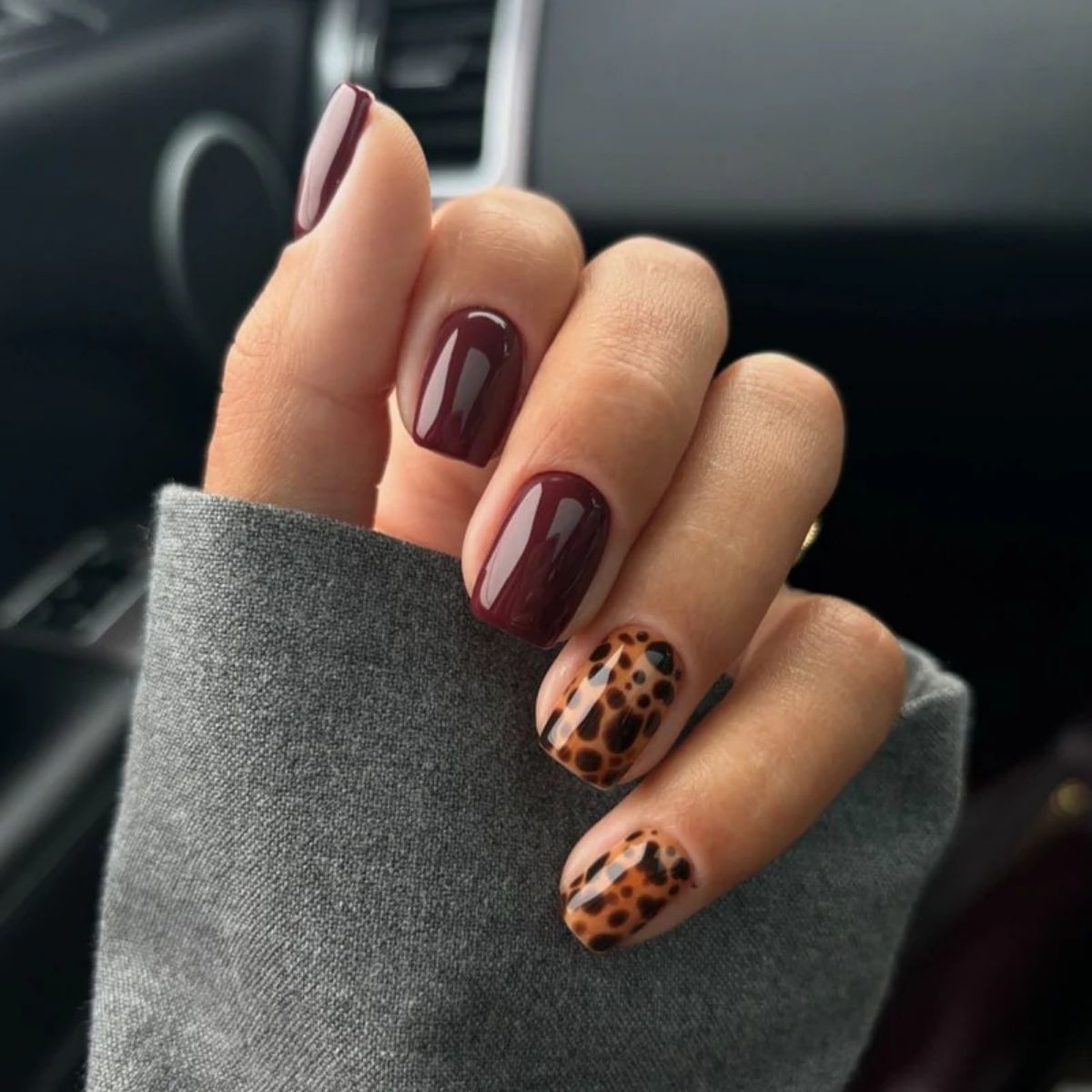 Burgundy and Leopard Nails