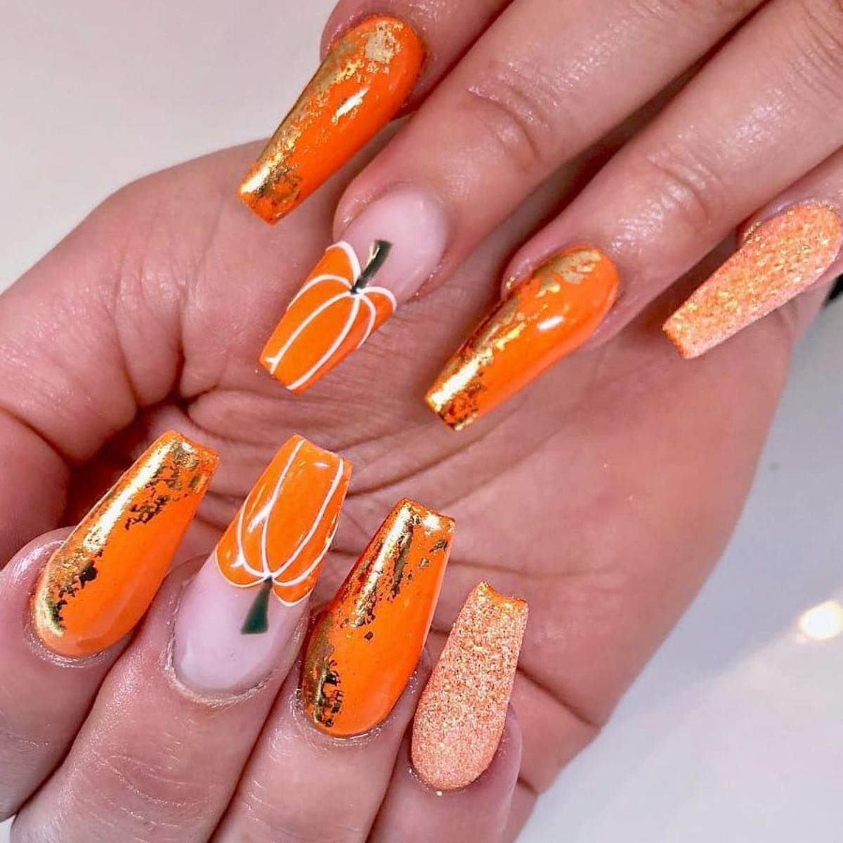 Glittery Orange Pumpkin Nails