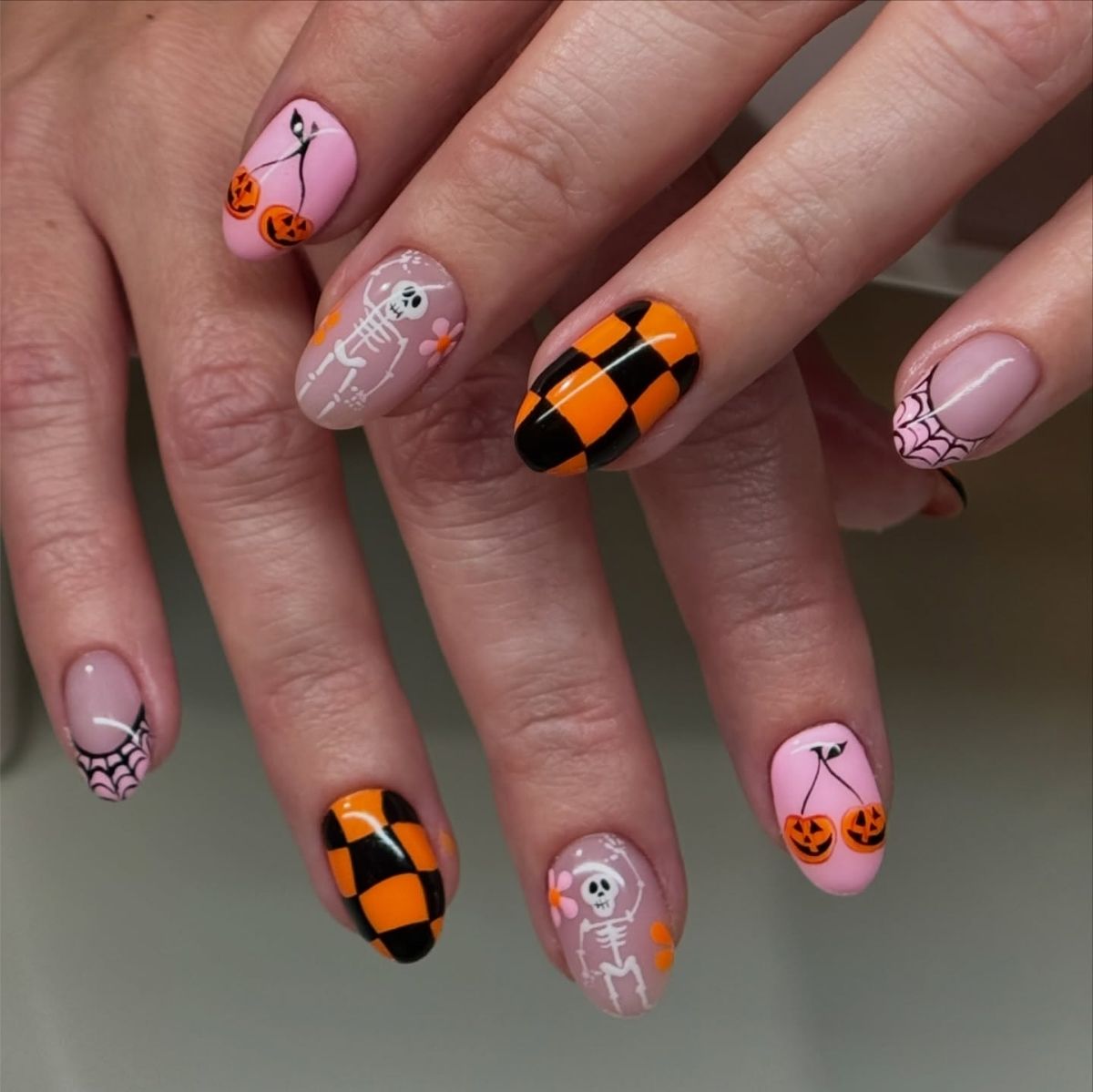 Pink and Orange Halloween Nails