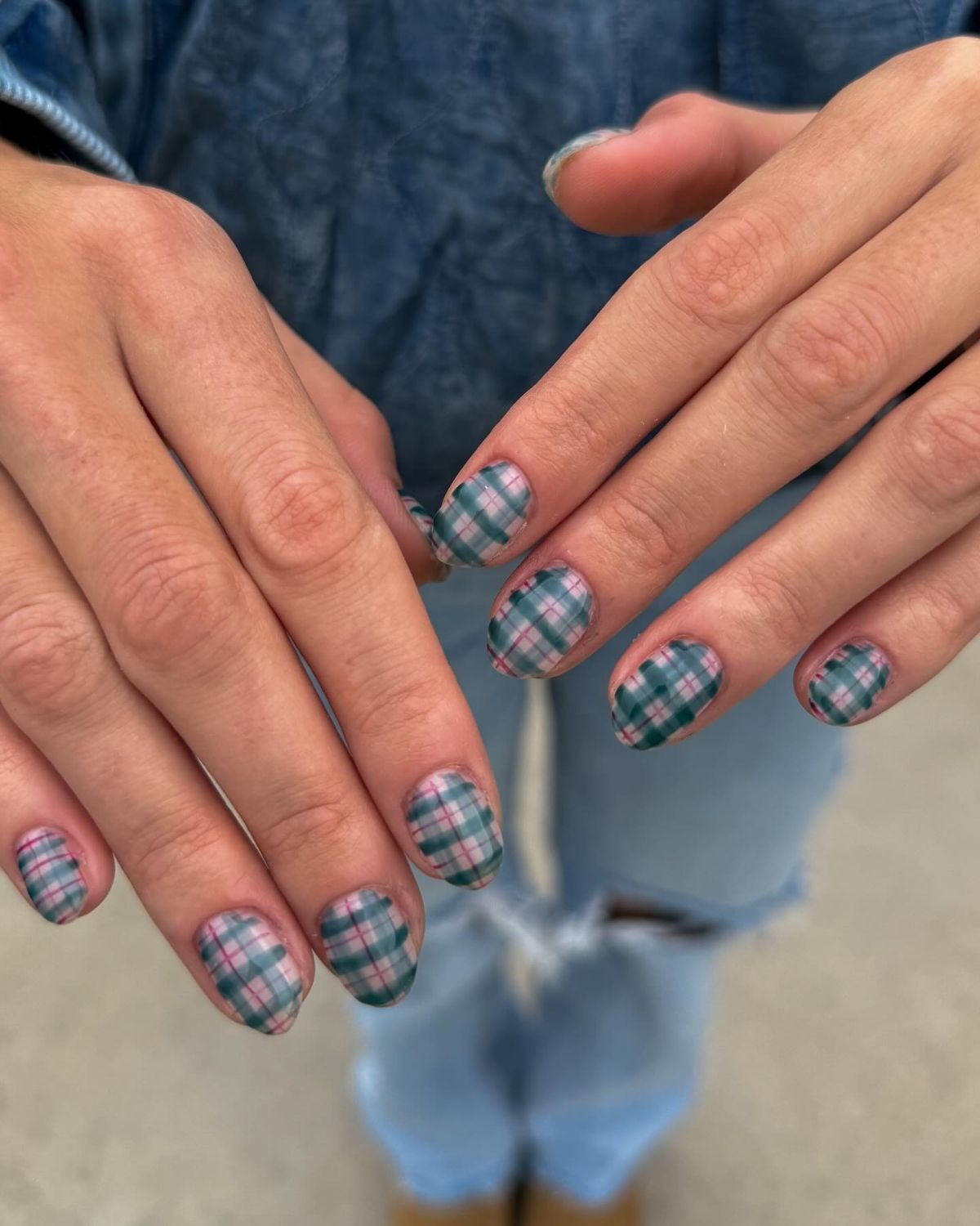 Turquoise Plaid Nails