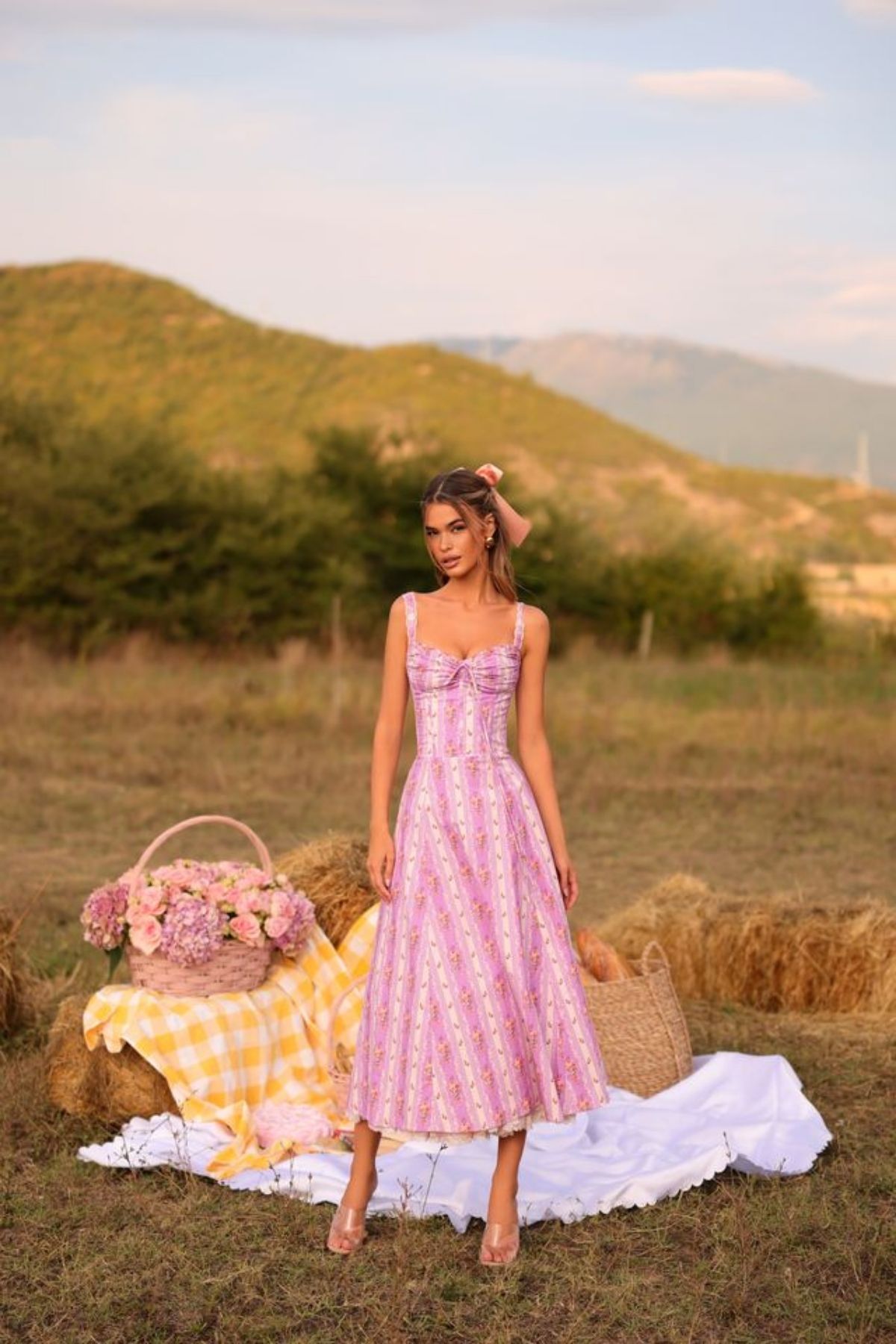 Lilac Floral Corset Midi Dress
